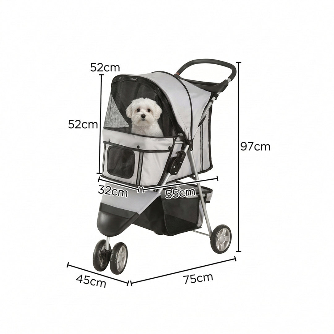 Pet Stroller Pushchair Carrier for Small Dogs & Cats, 3-Wheel Foldable Pet Buggy with Storage and Drink Holder