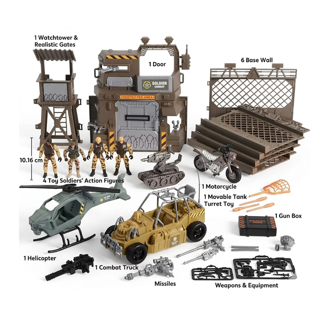 Military Base Toys Set with Army Vehicles Action Figures Helicopter Tank Truck and Weapon Gear for Boys