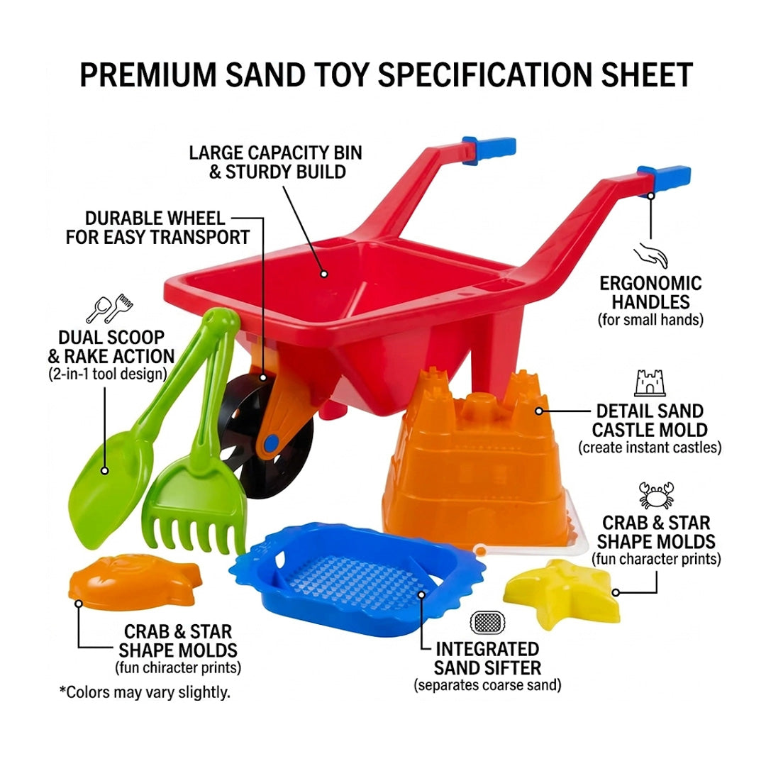 WheelKids Wheelbarrow Beach Bucket Play Toy Set with Spade Rake and Sand Mould for Outdoor Garden and Beach Playbarrow Beach Bucket Play Toy Set Kids Plastic Sandbox Outdoor Garden Summer
