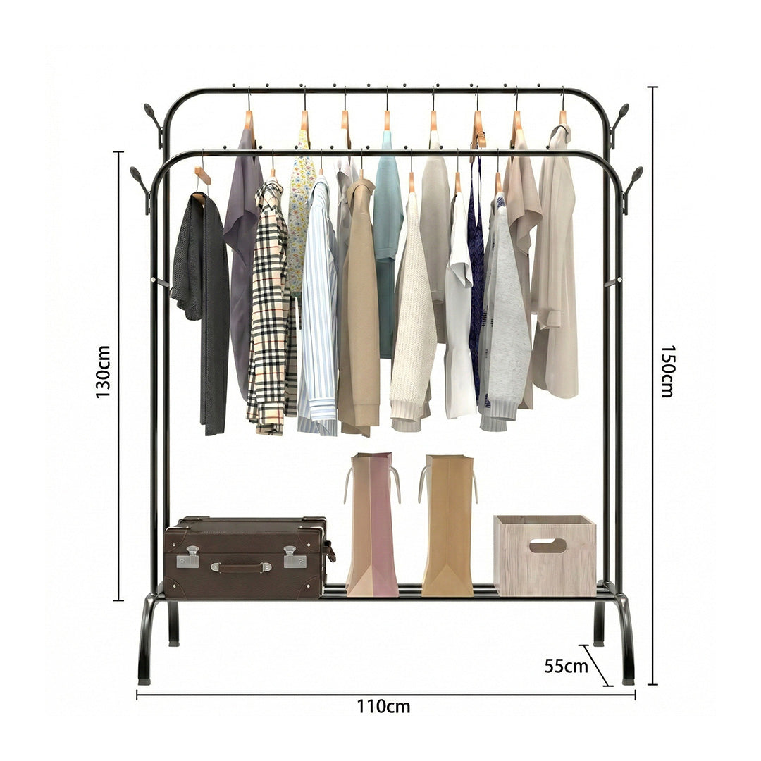 Double Rail Clothes Rack | 50kg Heavy Duty Steel Freestanding Garment Rail with Shoe Shelf