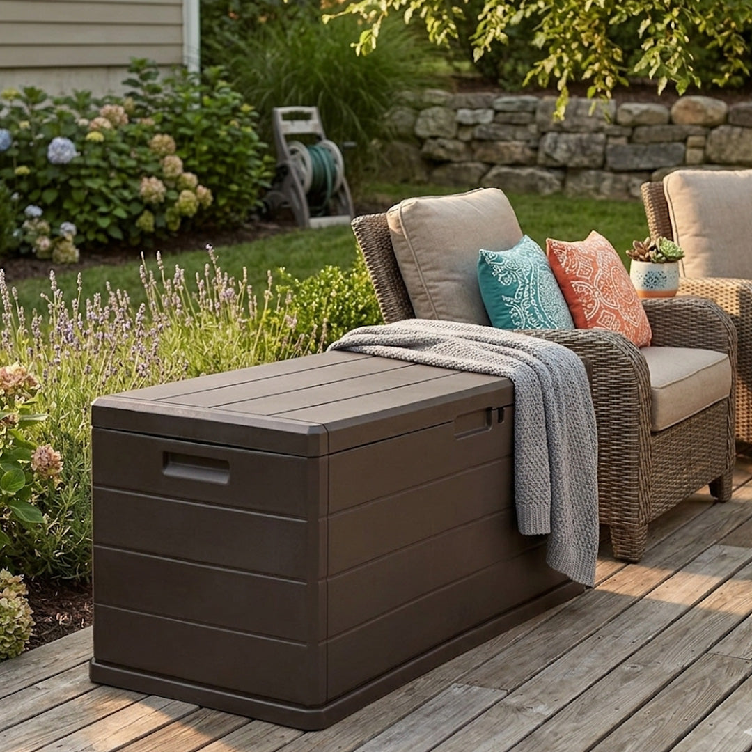 350L Heavy Duty Weatherproof Outdoor Garden Storage Box with Lockable Lid, Handles and Wheels