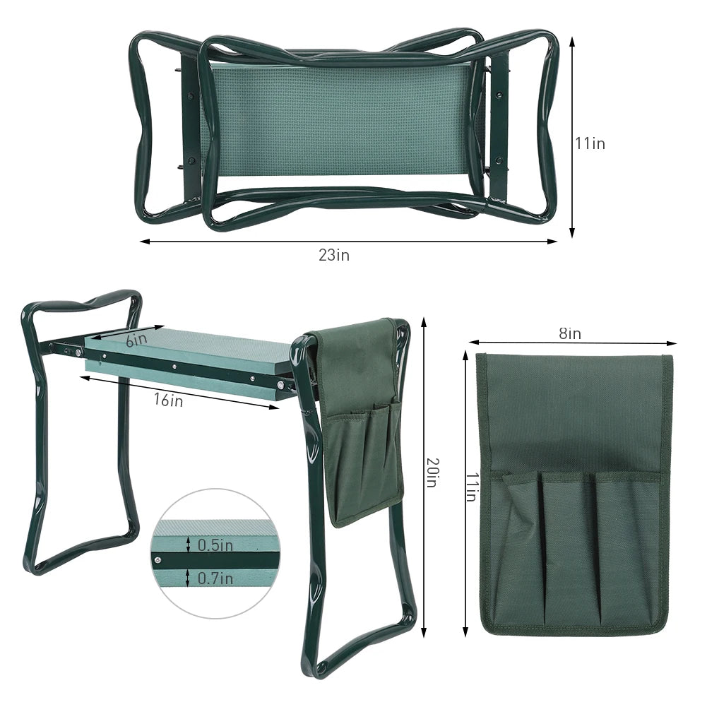 Folding Garden Kneeler Seat Heavy Duty 150kg Load Stool with Cushion and Tool Pouch