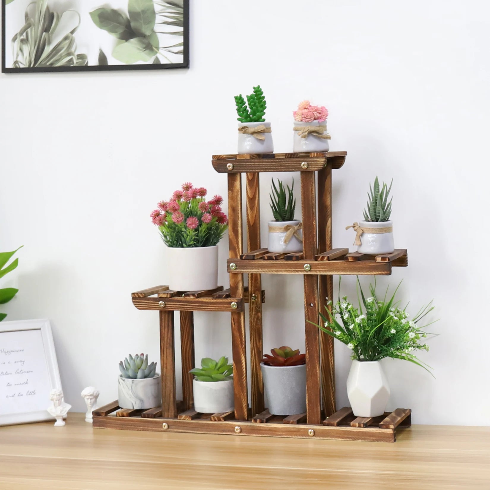 Carbonised Wood Plant Stand 4 Tier Succulent Rack 58x11.5x50cm Desktop Mini Plant Holder for Balcony Garden