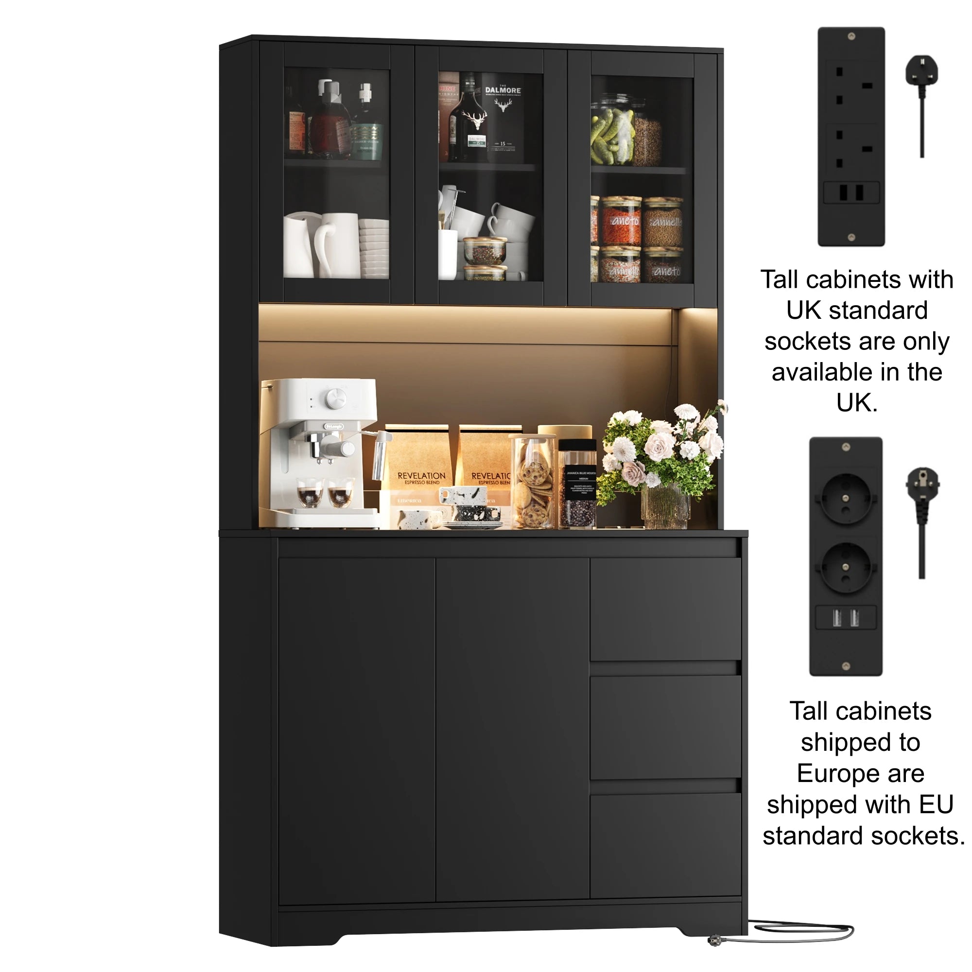 Modern Kitchen Buffet Cabinet with LED Lights & Drawers – Tall Storage Unit