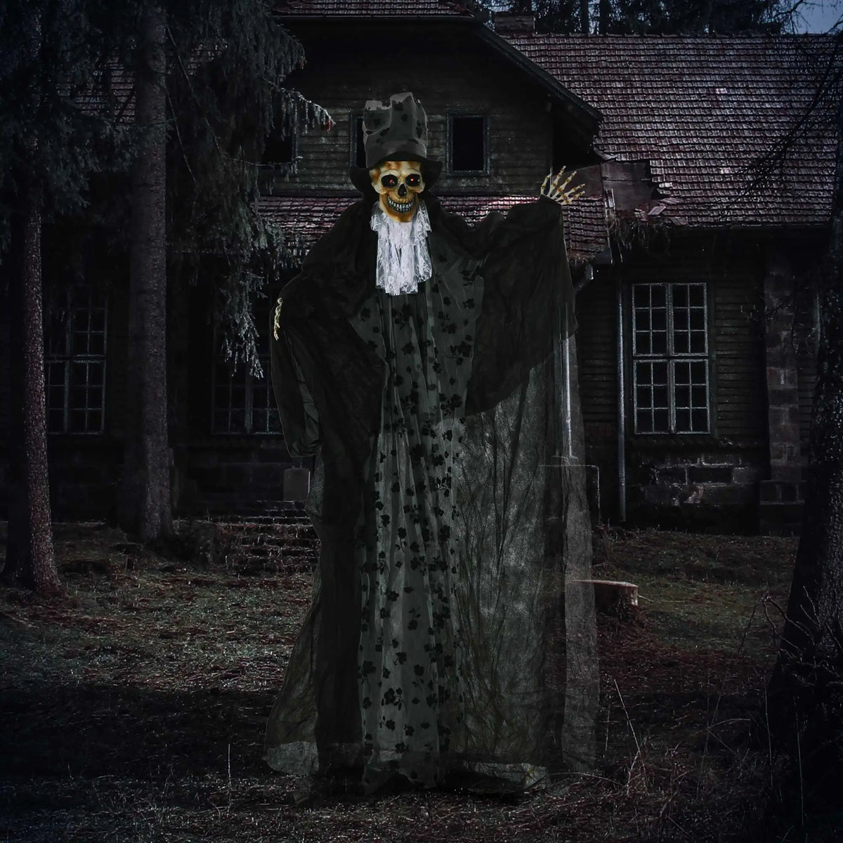 Red glowing eyes on a ghost bridegroom decoration