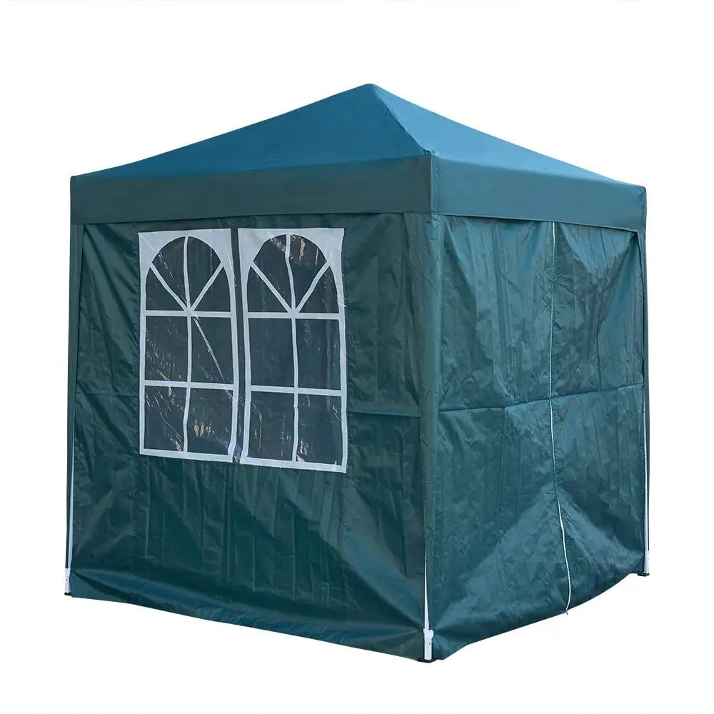 2x2m Waterproof Pop Up Gazebo Steel Frame 4 Polyester Sidewalls Church Windows for Garden Party BBQ Green