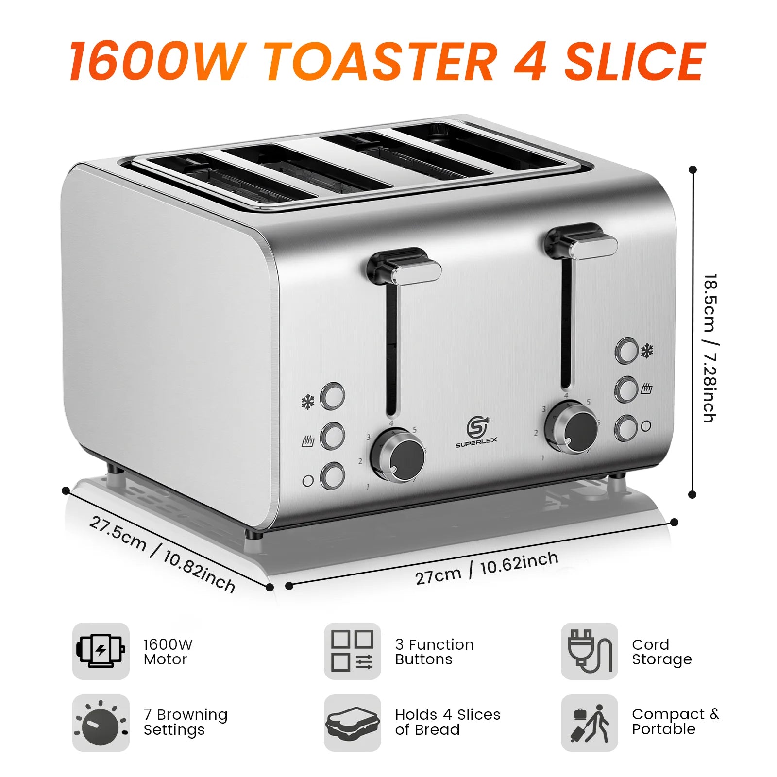 4 Slice Toaster 1600W Stainless Steel with 7 Browning Settings Defrost Reheat Function and Removable Crumb Tray