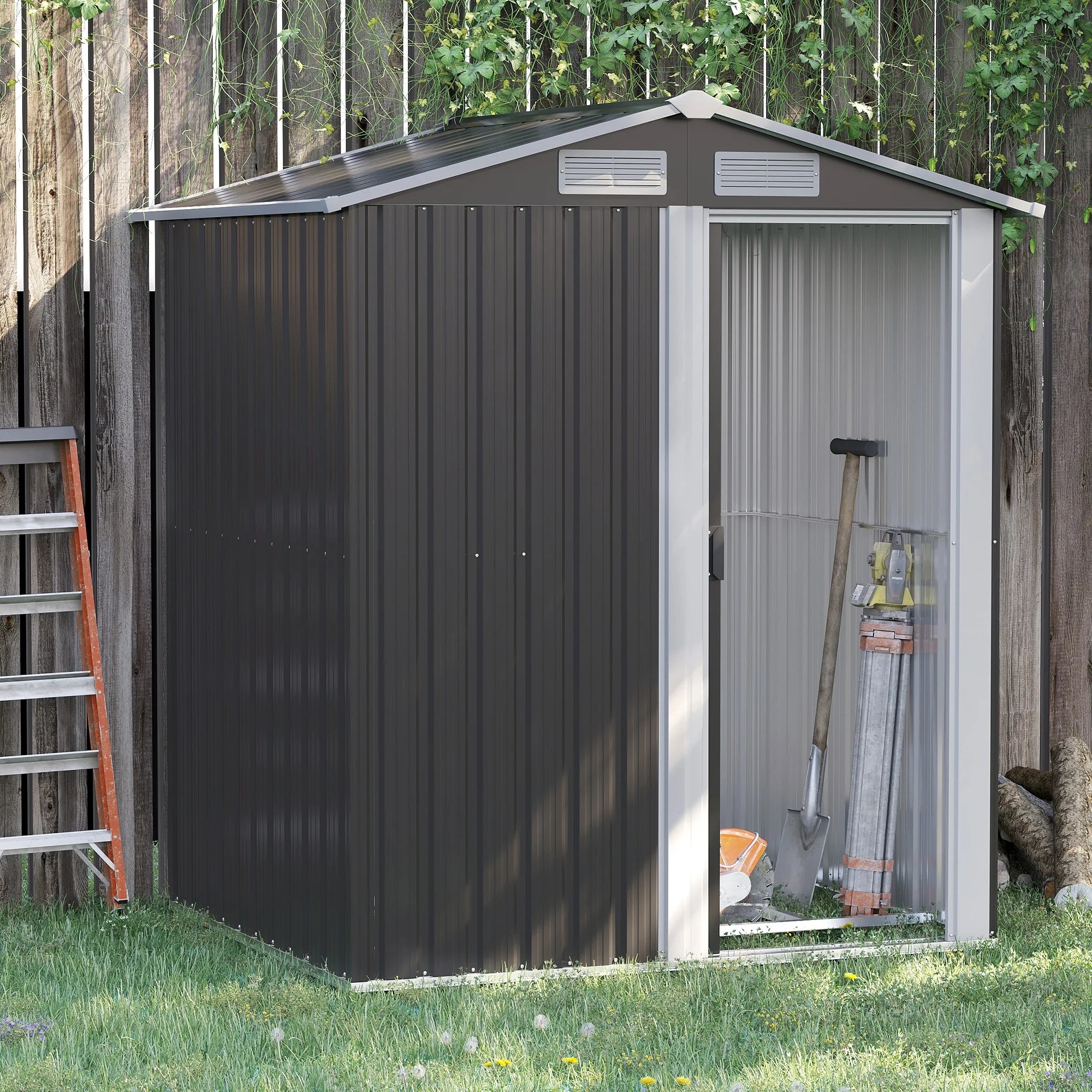 5 x 4.3ft Galvanised Steel Garden Storage Shed with Sliding Door, Foundation Kit and Ventilation