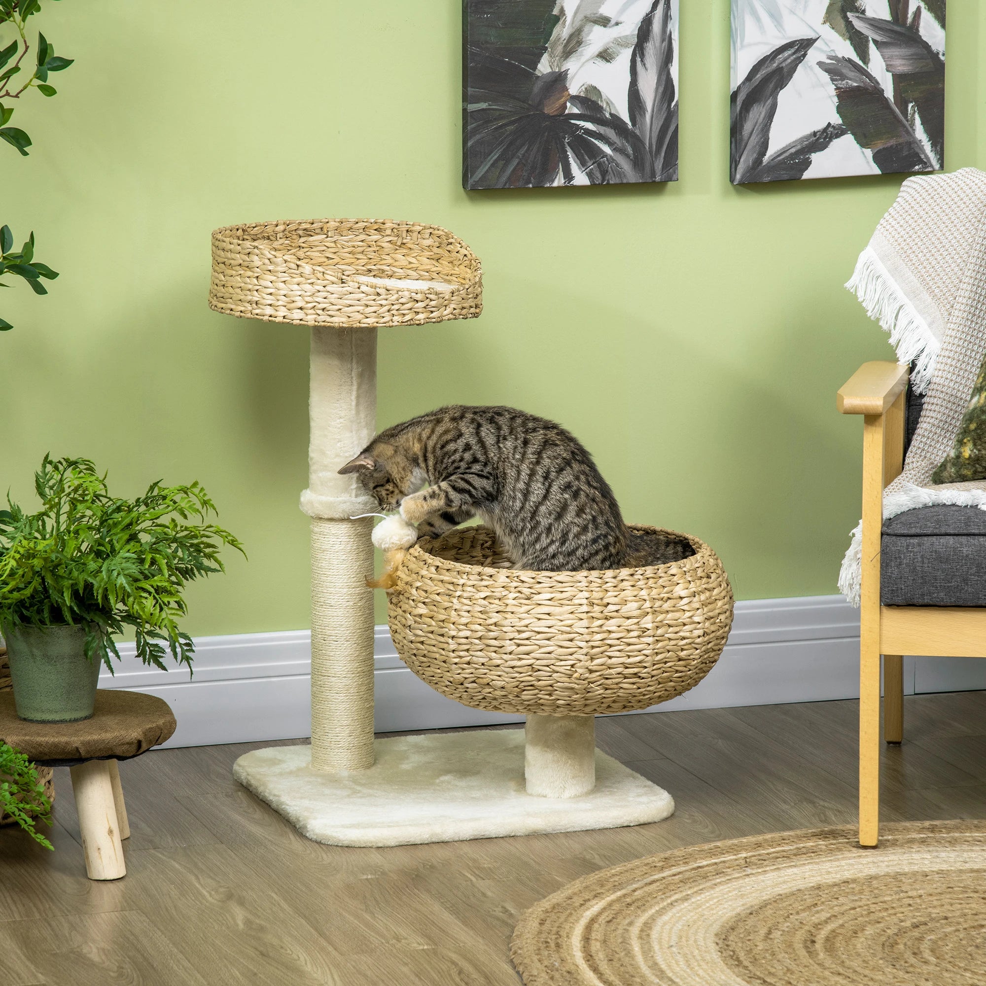 PawHut 72cm Cat Tree Kitten Tower 2 Beds Scratching Post Toy Ball Beige