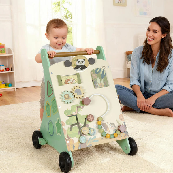 Wooden Baby Walker with Speed Control, Xylophone, Gears and Bead Maze, Green