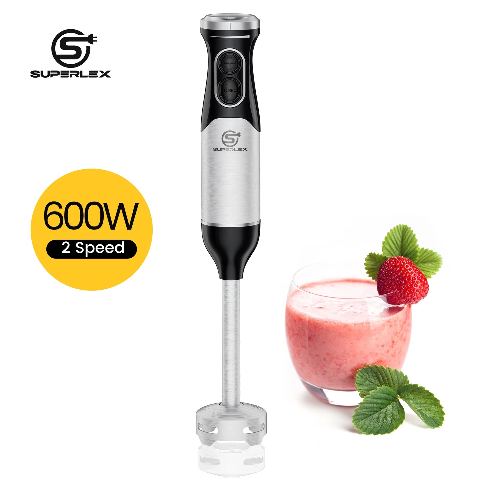 600W Stainless Steel Immersion Hand Blender with 304 Sharp Blades 2 Speed Settings Turbo Mode and Non-Slip Grip for Kitchen Use
