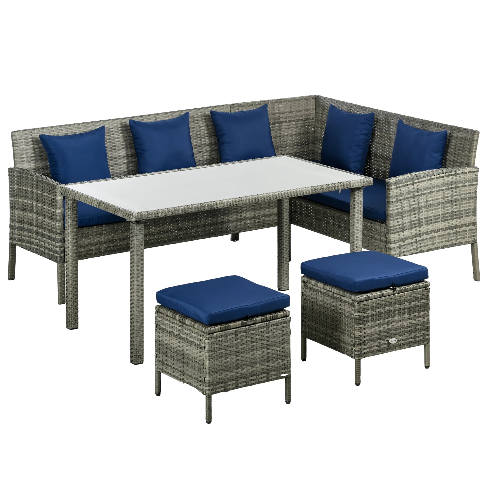 5 Piece Rattan Garden Furniture Set with Dining Table Cushions Sofa and Footstools for Outdoor Patio
