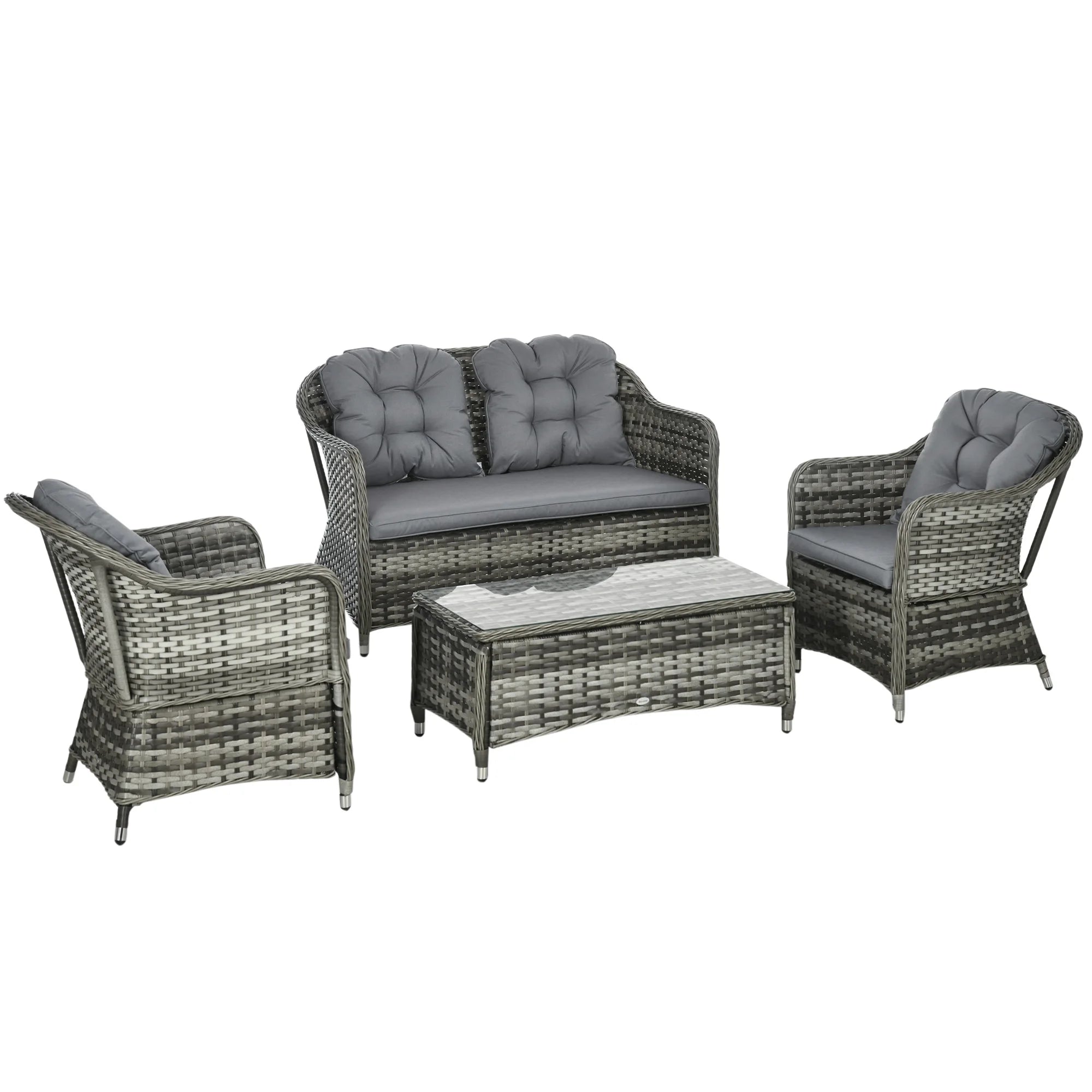 4 Piece PE Rattan Garden Sofa Set with Aluminium Frame Cushions and Glass Top Coffee Table for Patio Conservatory and Outdoor Use