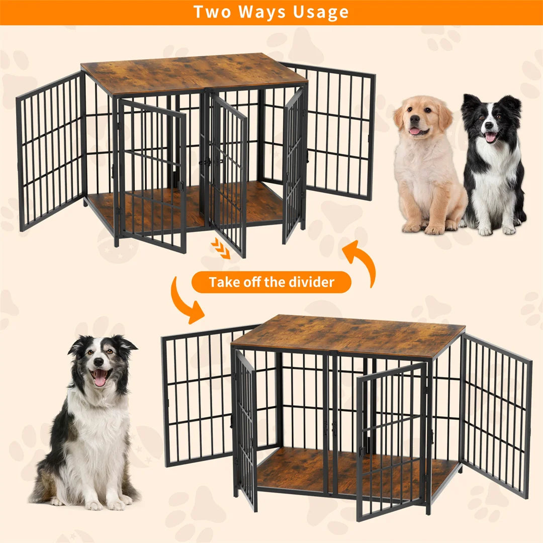 BINGOPAW Heavy Duty Wooden Dog Crate Furniture Side Table 90x62x68.5cm 4 Doors with Divider Small Medium Dogs