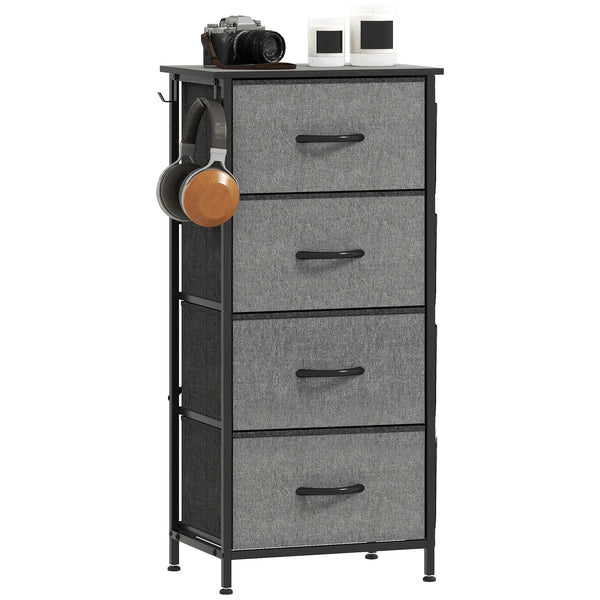 Fabric Chest of 4 Drawers with 4 Side Pockets 2 Hooks Steel X Bar Frame Adjustable Feet Charcoal Grey