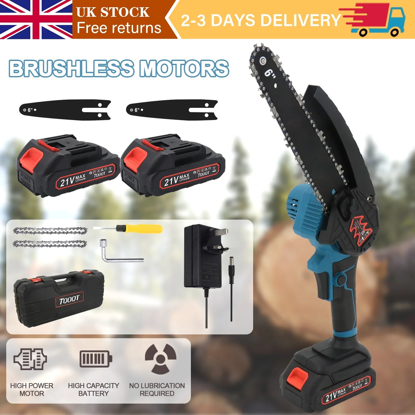 6 Inch Cordless Mini Chainsaw Brushless Motor 2 Batteries Lightweight One Hand for Wood Cutting Branch Trimming