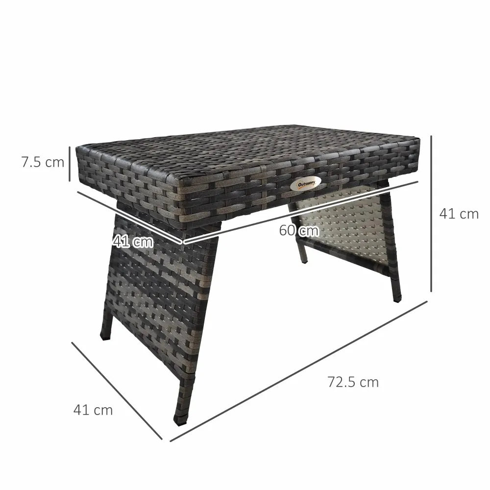 Foldable Rattan Garden Side Table 60x41x41cm Steel Frame 30kg Capacity Space Saving for Patio Balcony Mixed Grey