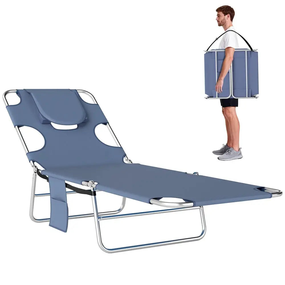 Foldable Sun Lounger with Face Hole Reading Slot 5 Position Backrest Side Pocket Pillow 120kg for Garden Beach