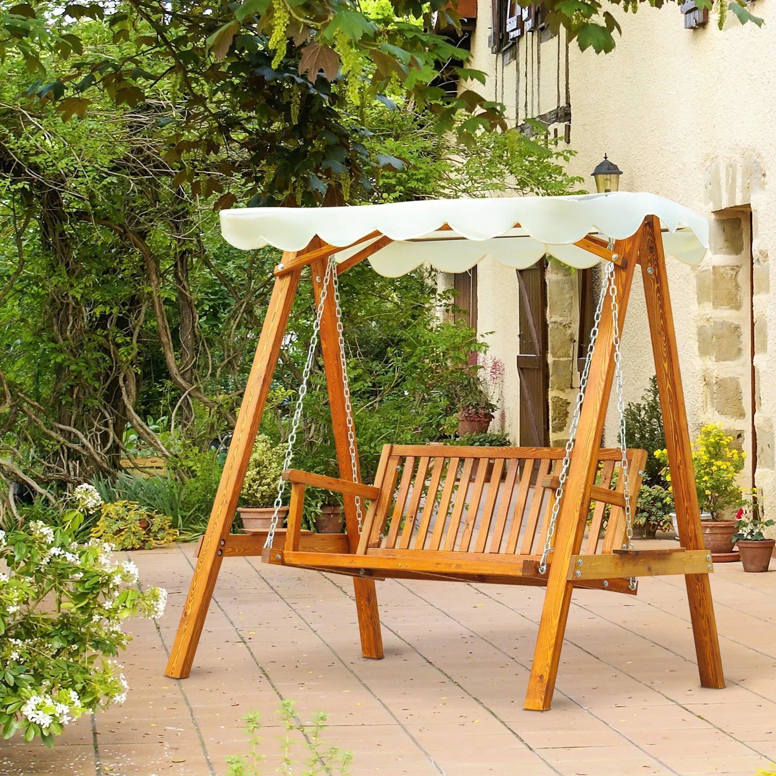 2-Seater Wooden Garden Swing Seat with UV-Resistant Canopy and Galvanised Steel Chain