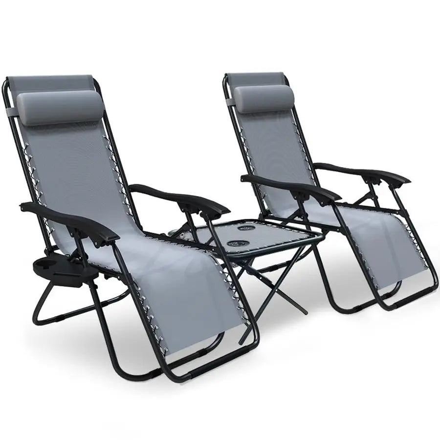Set of 2 Zero Gravity Recliner Chairs with Side Table Cup and Phone Holder 120kg Adjustable Headrest Grey Folding