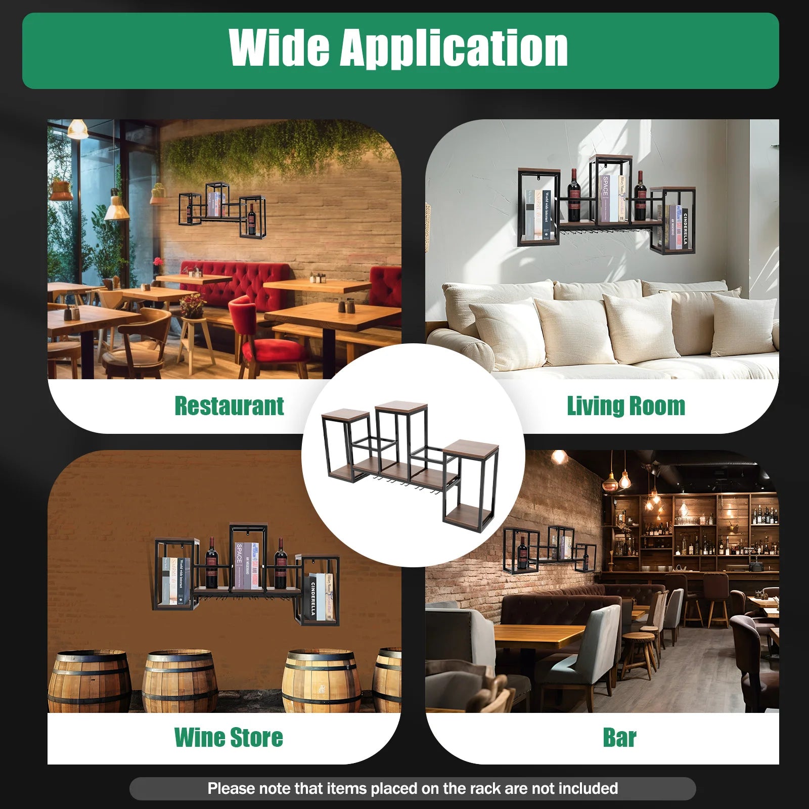 Wall Mounted Metal Wine Rack with Glass Holder | 106cm Solid Wood and Wrought Iron Bottle Shelf for Home Bar