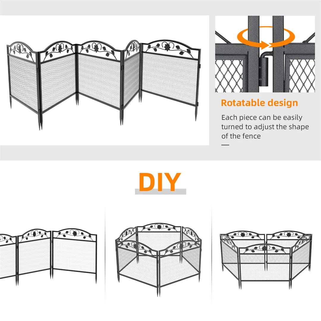 BINGOPAW 5 Panel Heavy Duty Metal Decorative Garden Fence Dog Playpen Animal Barrier Indoor Outdoor Black