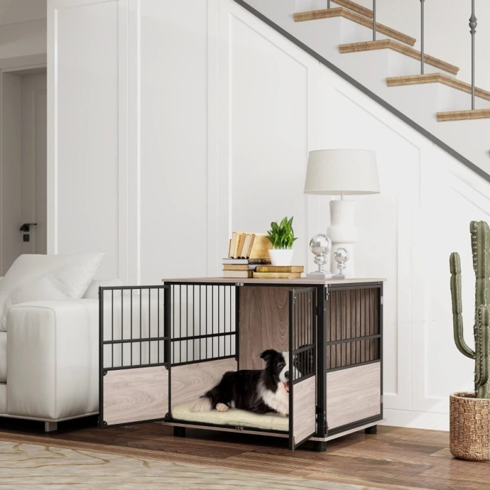 80cm Furniture Style Dog Crate End Table 3 Doors Soft Washable Cushion for Medium Dogs Brown