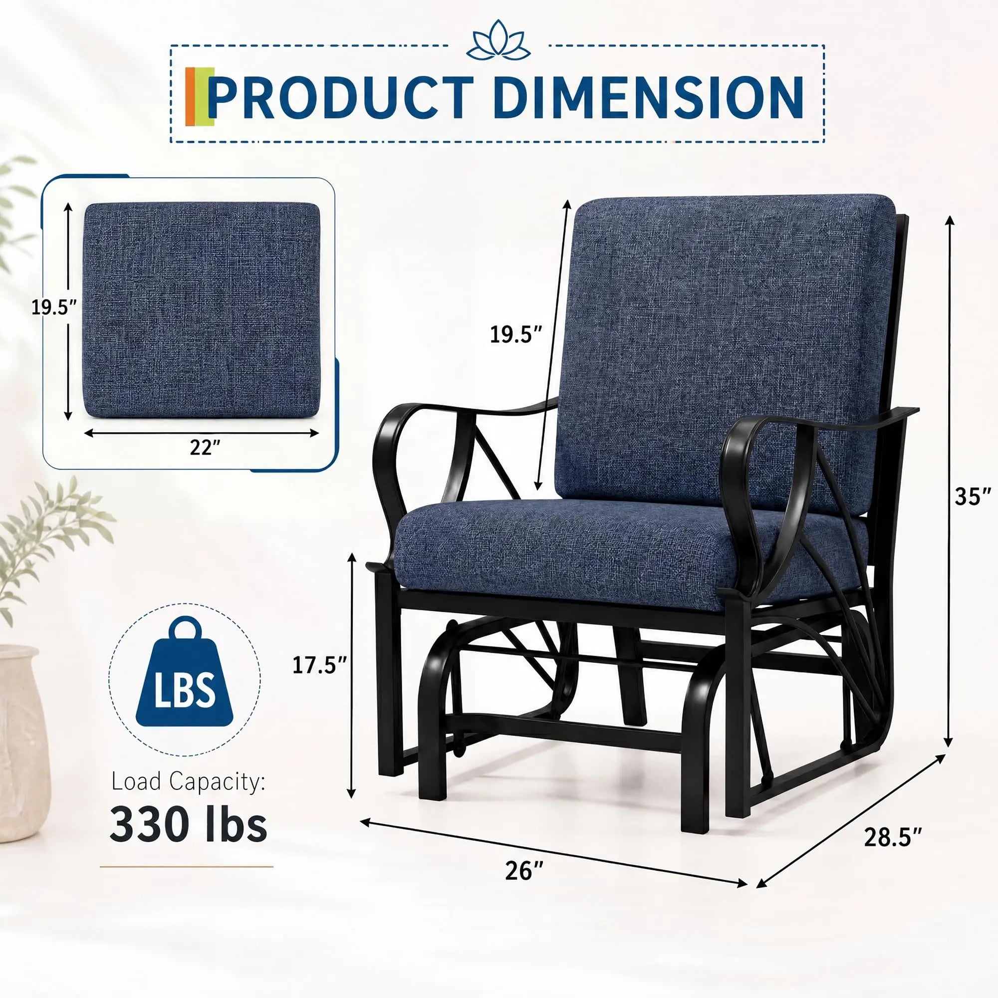 Porch Glider Rocking Chair 330lbs Heavy Duty Steel Frame Thick Cushion Ergonomic for Garden Patio Yard Lawn