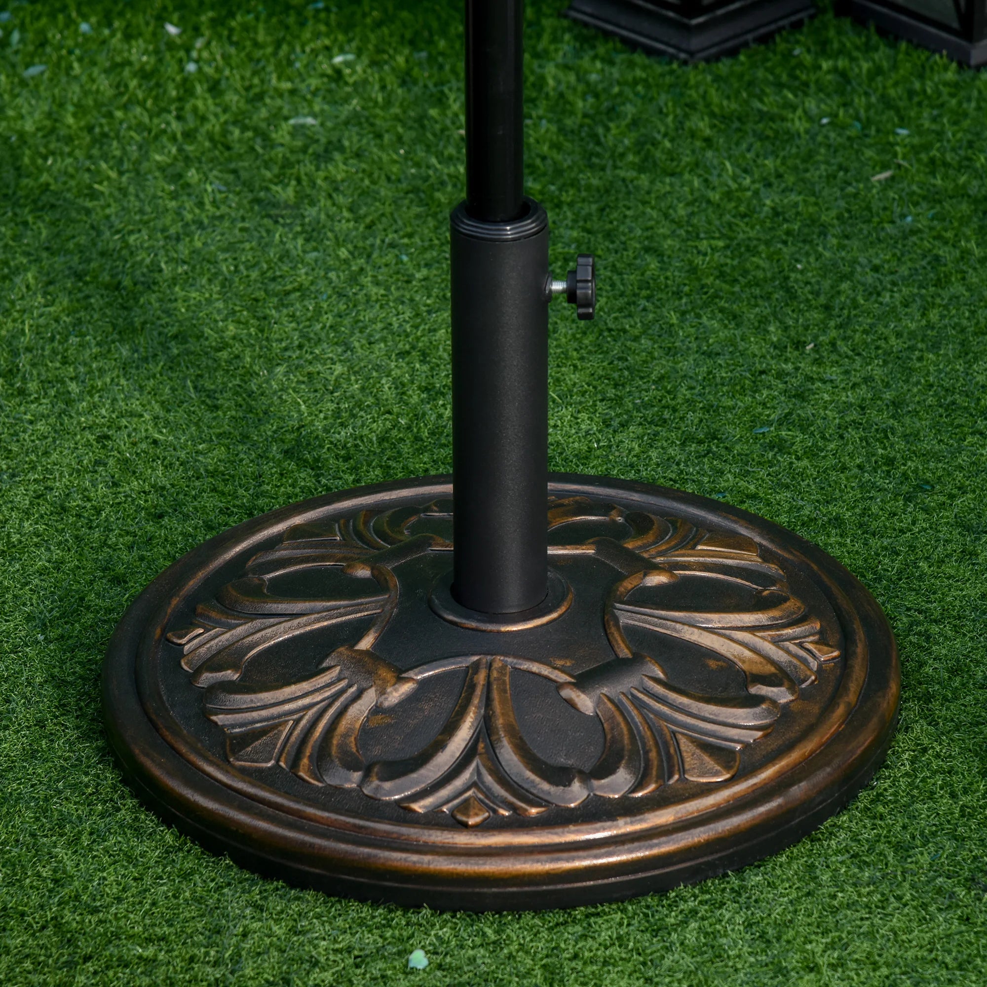 13kg Round Parasol Base HDPE Cement Garden Umbrella Stand Holder Fits 35-48mm Poles Flower Design Bronze