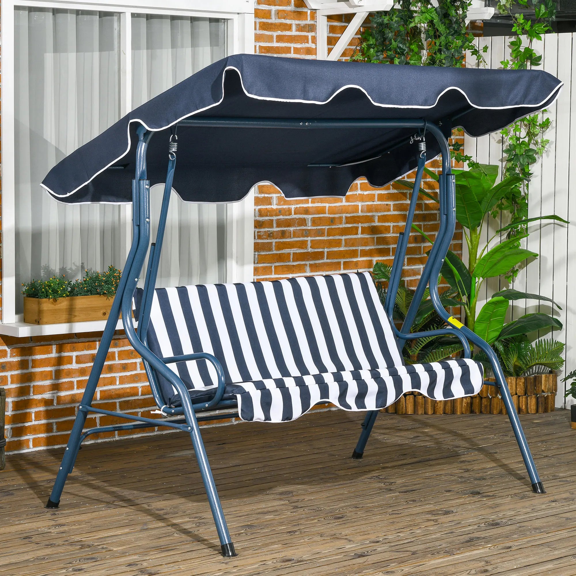 3 Seater Canopy Swing Chair Outdoor Garden Bench with Adjustable Canopy Padded Seat and Metal Frame