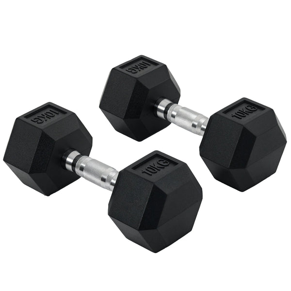 2 x 10kg Rubber Hex Dumbbells, Pair of Hand Weights with Knurled Handle, Black