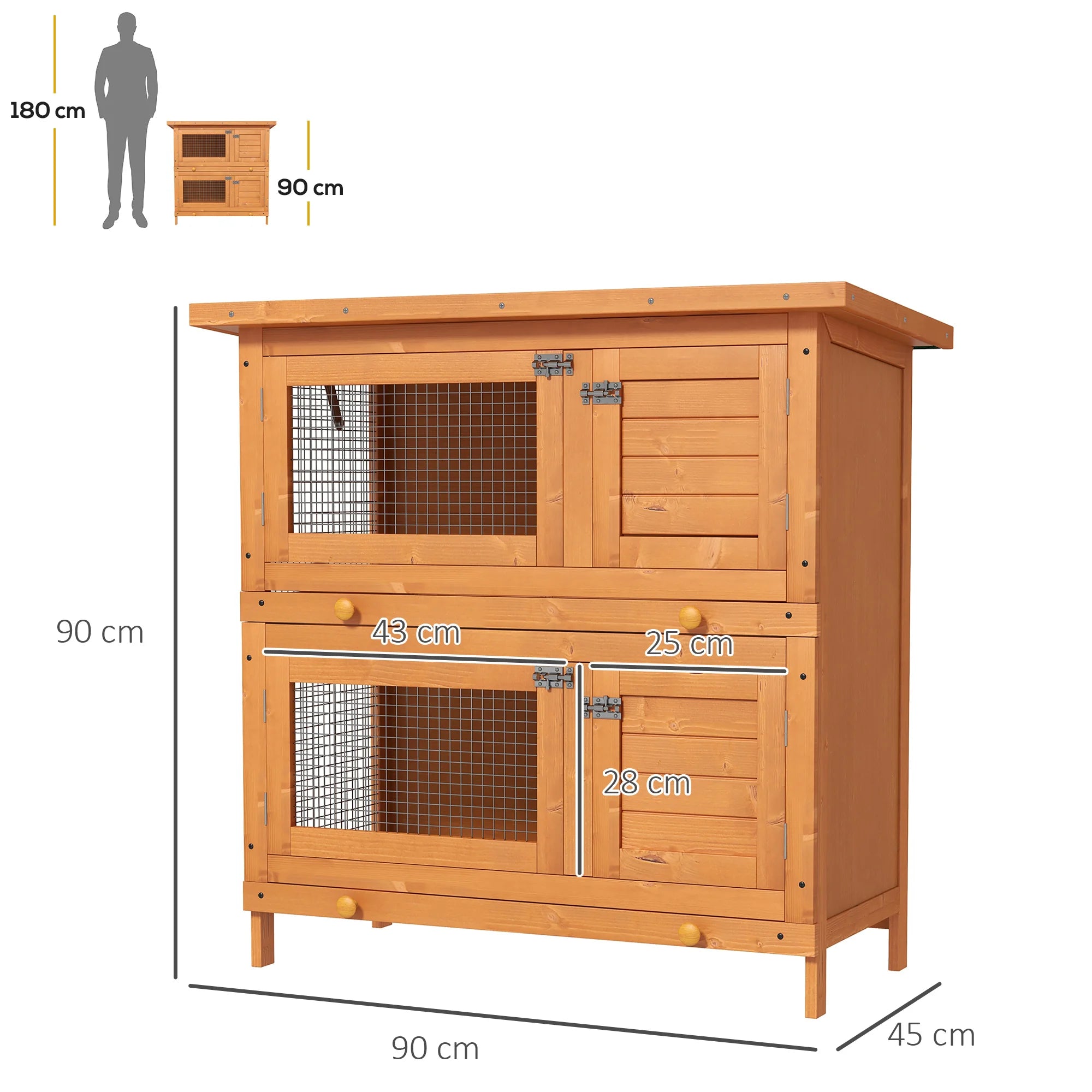 2-Tier Wooden Rabbit Hutch | Outdoor Guinea Pig Cage with Pull-Out Tray 90x45x90cm