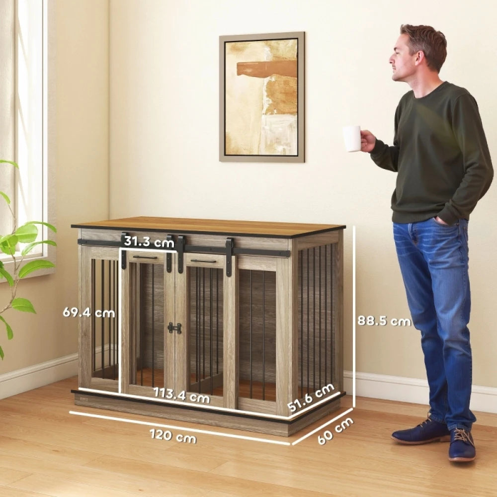 PINGGO Dog Crate Furniture 120x60x88.5cm Double Dog Cage Sliding Doors Solid Wood Oak Tone