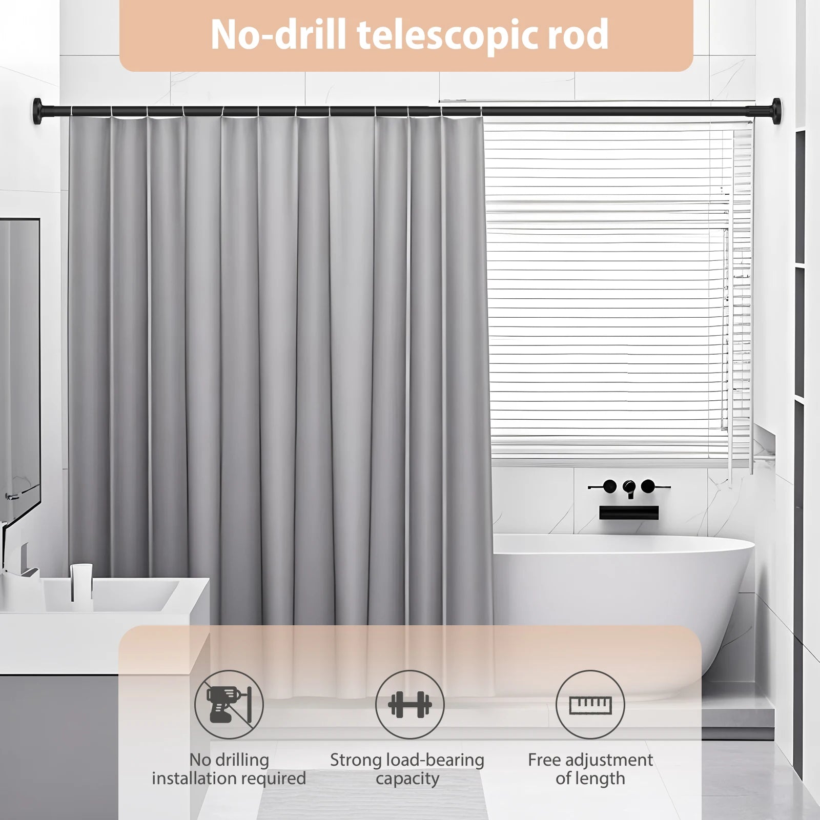 No Drill Telescopic Pole 1.1-1.9m Adjustable | Heavy Duty Carbon Steel Hanging Rod for Curtains Clothes Wardrobe Bathroom
