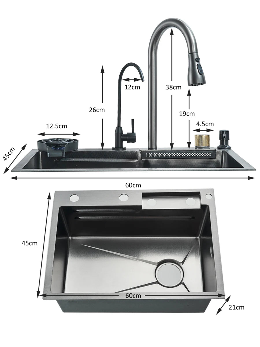 60 x 45cm Stainless Steel Single Bowl Kitchen Sink with Waterfall Faucet and Cup Washer, Above Counter
