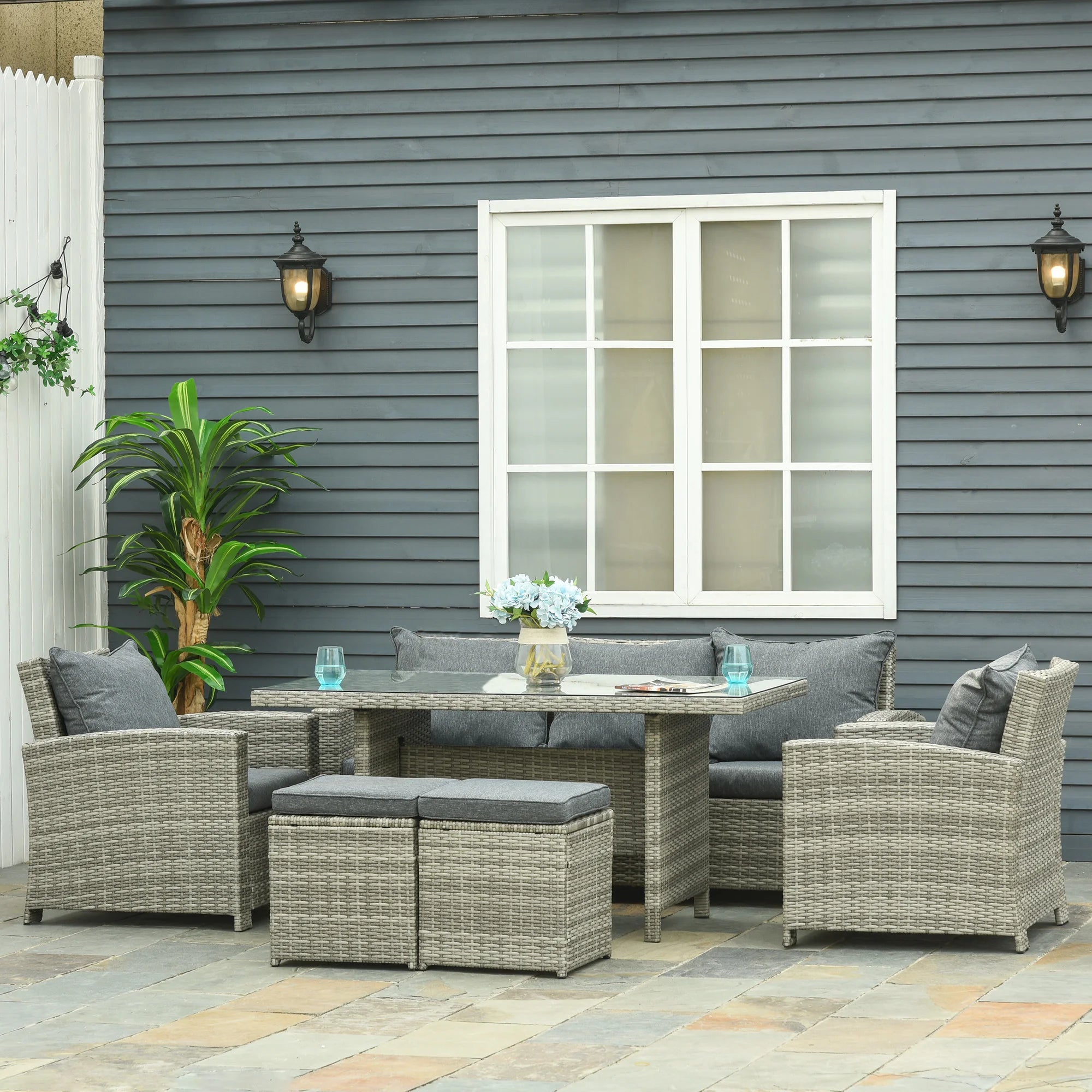 6 Piece PE Rattan Garden Furniture Set with 3 Seater Sofa Armchairs Footstools and Tempered Glass Table