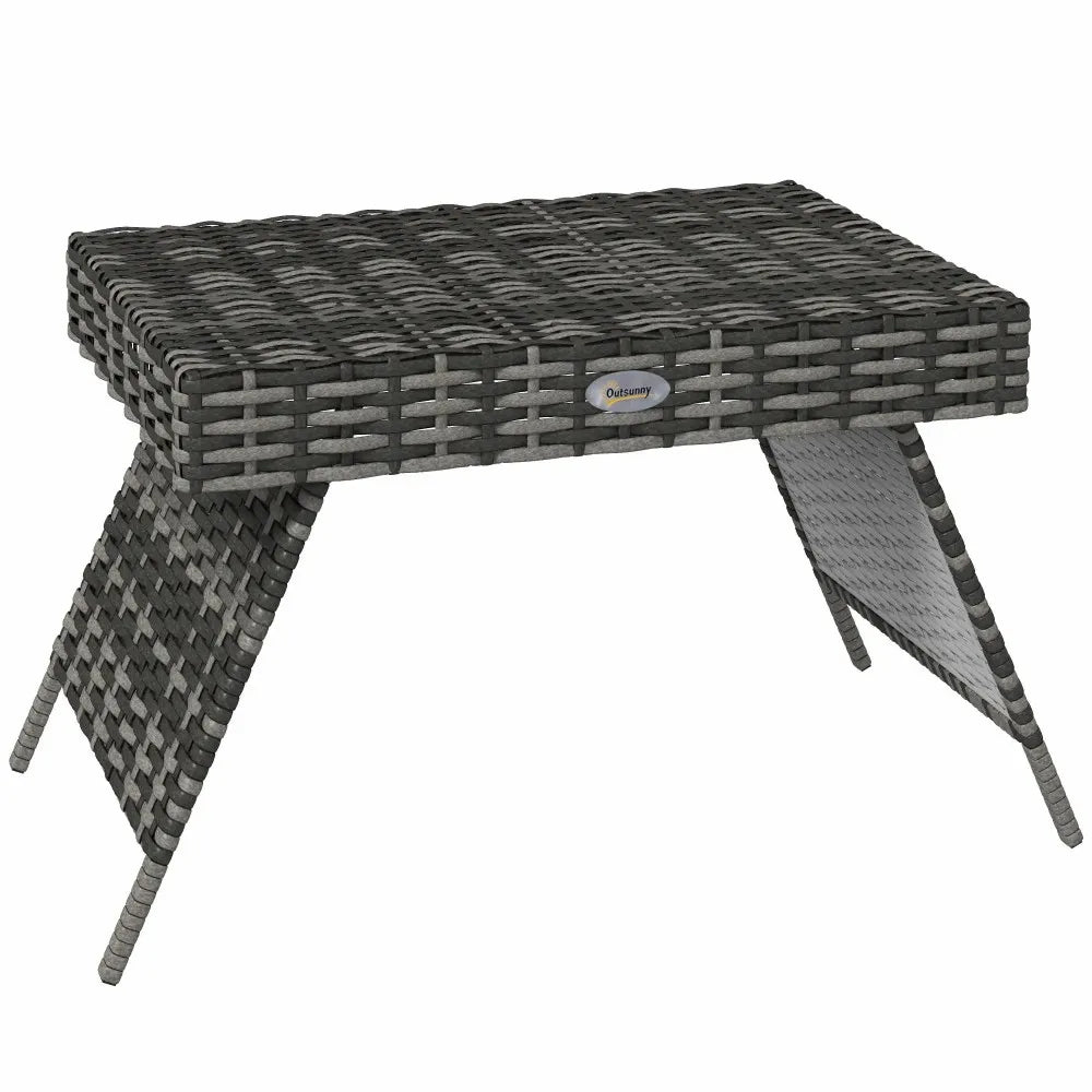 Foldable Rattan Garden Side Table 60x41x41cm Steel Frame 30kg Capacity Space Saving for Patio Balcony Mixed Grey