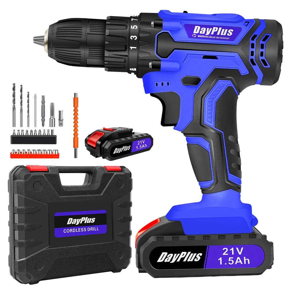 21V Cordless Drill Kit 45Nm Electric Screwdriver 2 Speed with Accessories