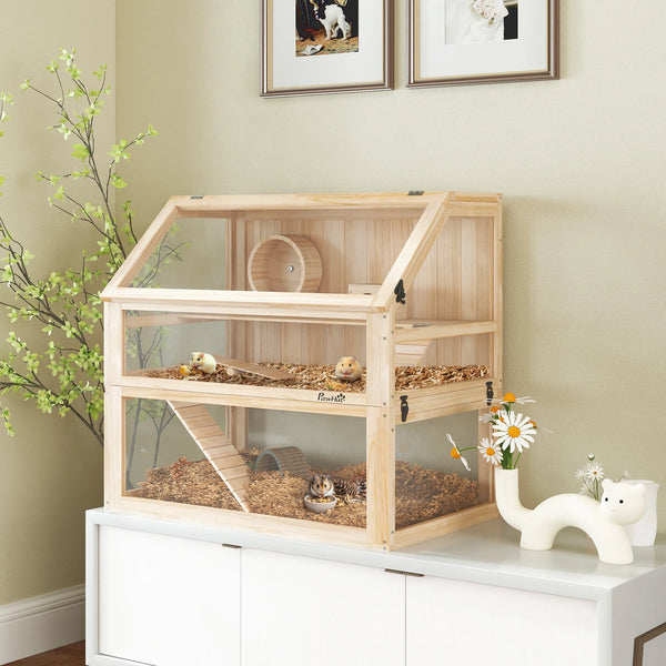 3-Tier Wooden Hamster Cage with Exercise Wheel