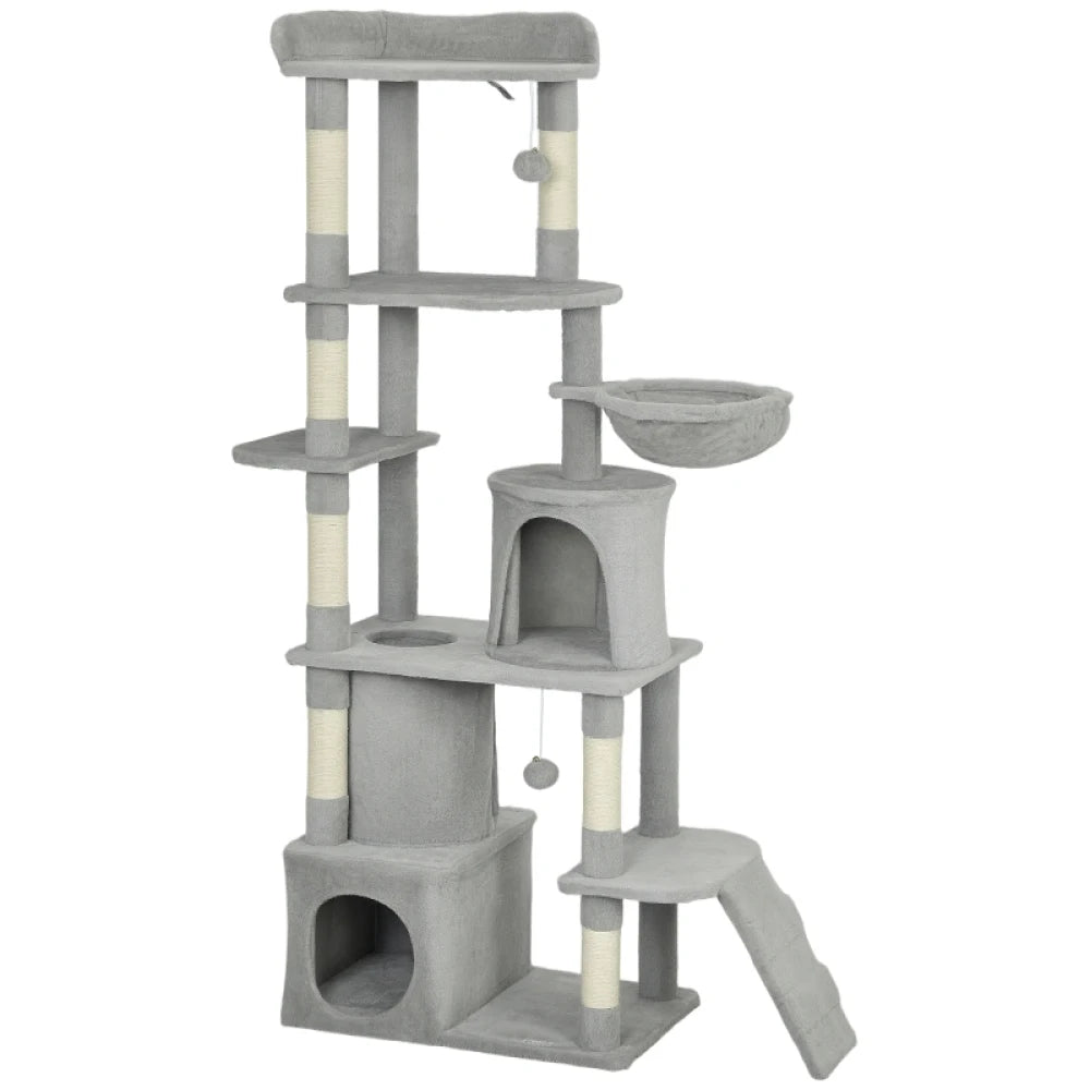 PINGGO 170cm Large Cat Tree Tower 7 Scratching Posts 2 Condos Hammock Light Grey