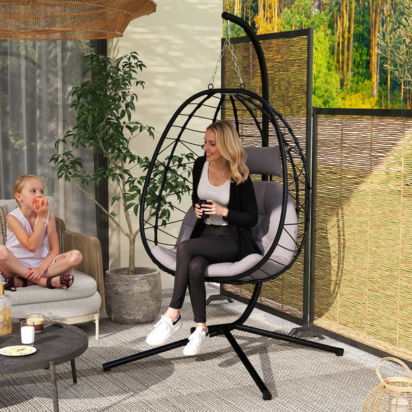 Folding Garden Egg Chair with Stand and Thick Cushion, Grey