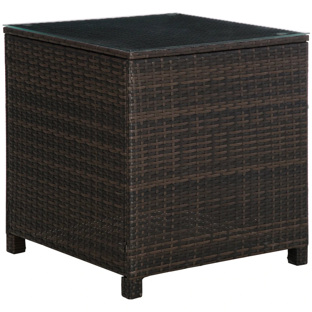 Rattan Garden Side Table 64x64x68cm Tempered Glass Top 70kg Capacity Weather Resistant for Patio Balcony Brown