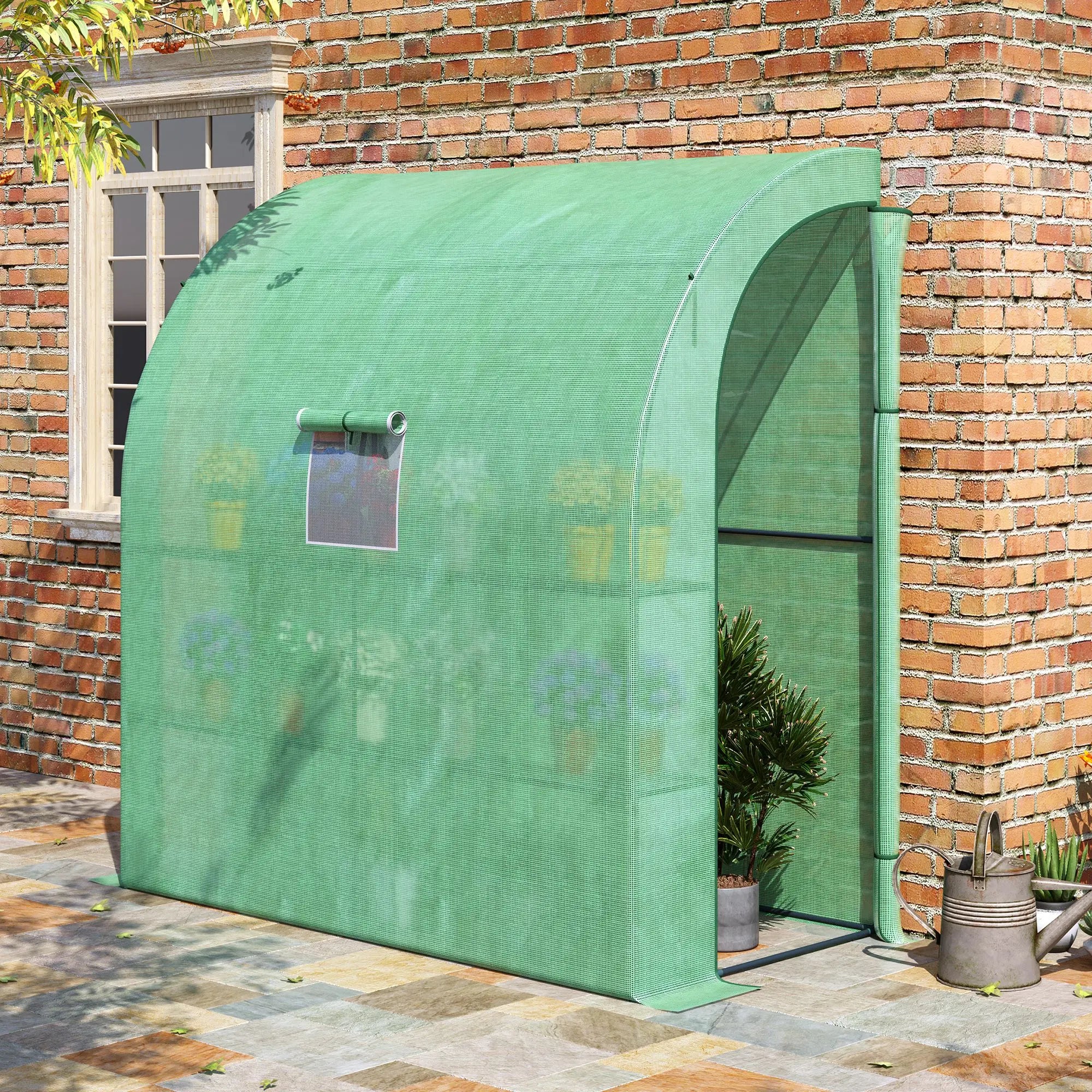 Walk-In Lean-To Wall Greenhouse with Window Ventilation, Double Zip Doors and 3 Tier Shelving for Home Garden