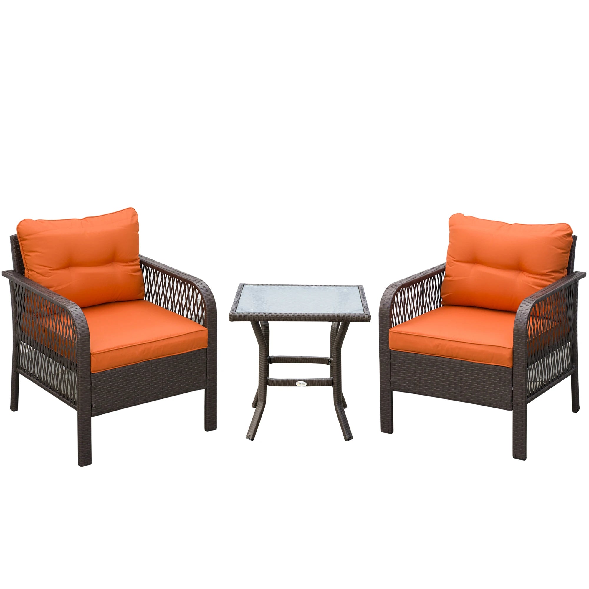 3-Piece Rattan Bistro Set with Tempered Glass Table and Cushioned Armchairs