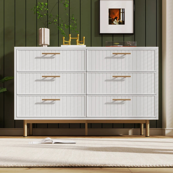 6 Drawer Sideboard Chest of Drawers 120x40x75cm White Particle Board Gold Handles Metal Base Living Room
