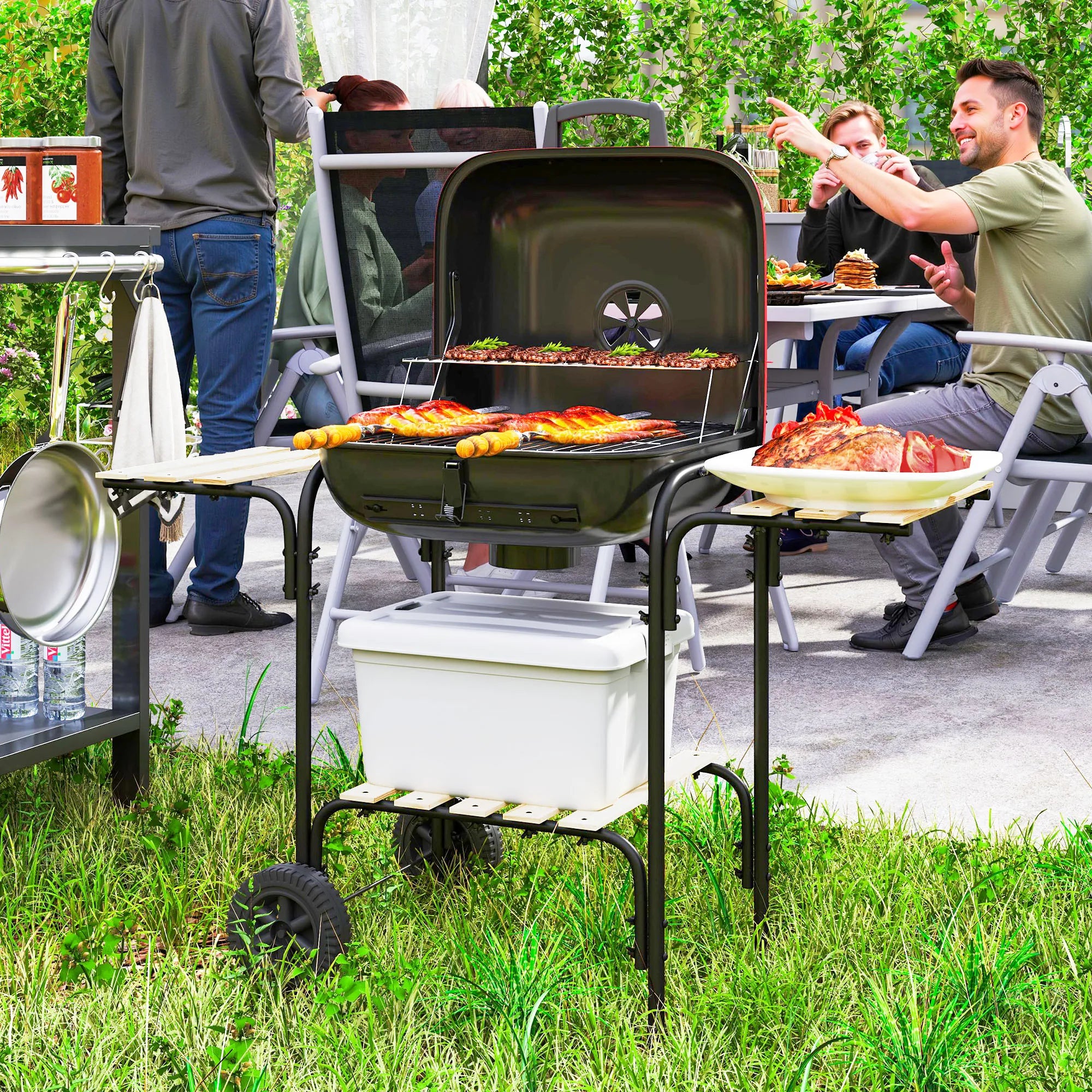 Charcoal BBQ Grill 1840cm² Cooking Area with Warming Rack 3 Shelves Adjustable Vent Lockable Lid for Garden Outdoor