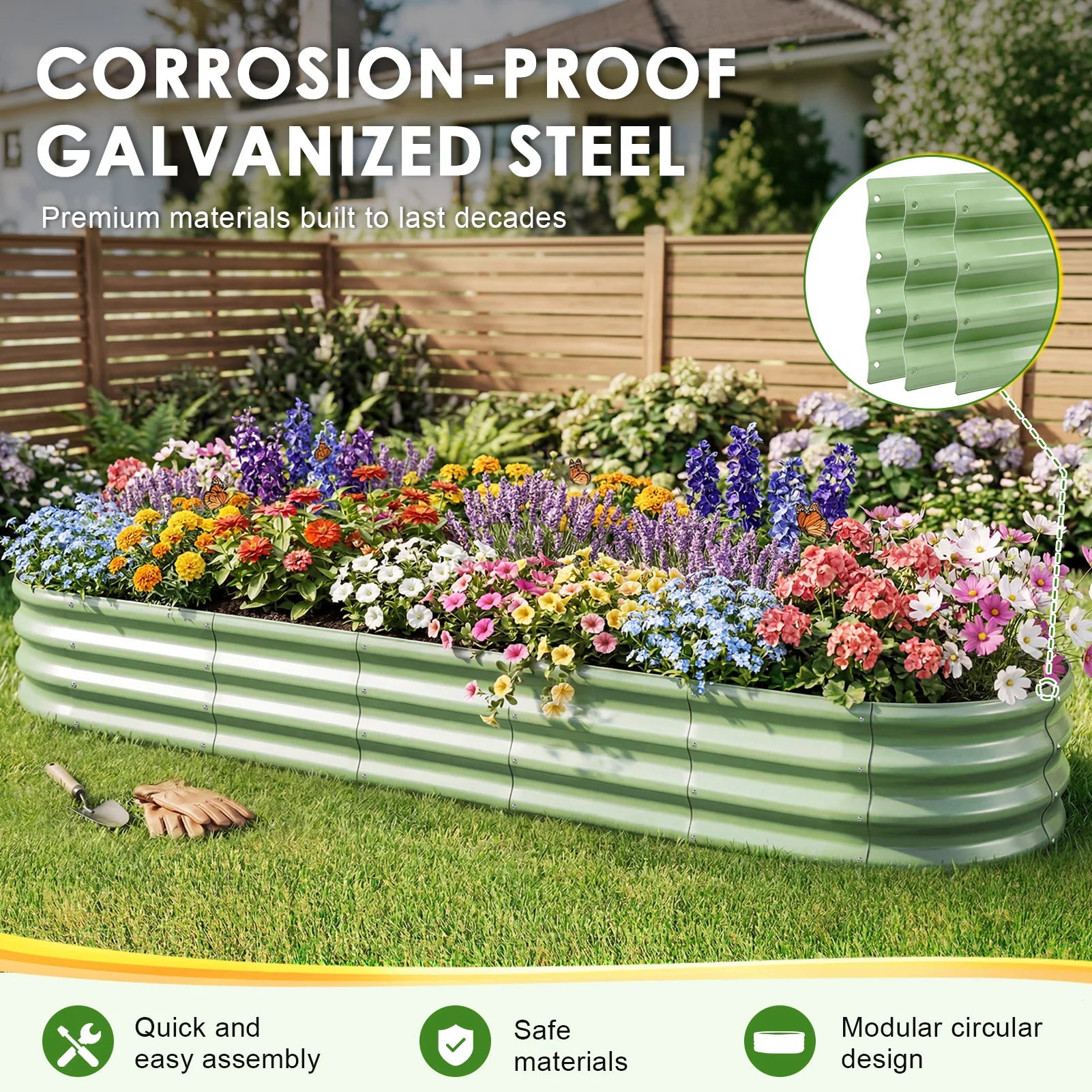 Large Oval Galvanised Steel Raised Garden Bed Multiple Sizes Rustproof for Vegetables Flowers Backyard Patio