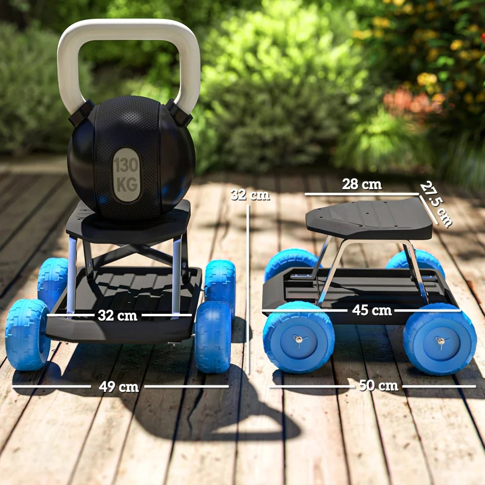 Garden Cart Rolling Stool 50x49x32cm with Tool Tray 130kg Capacity Wide Wheels for Weeding Planting Blue