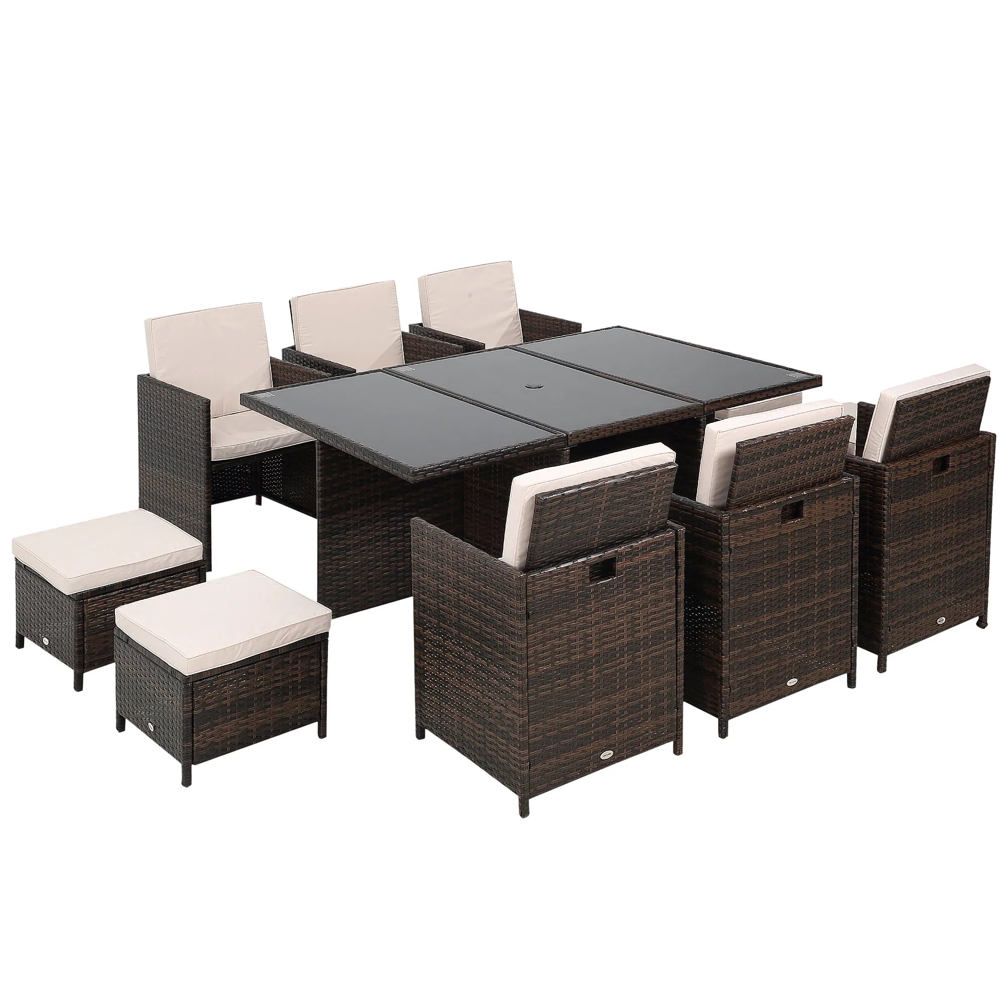 11-Piece Rattan Cube Garden Dining Set with Glass Table, 6 Armchairs, 4 Footstools and Parasol Hole