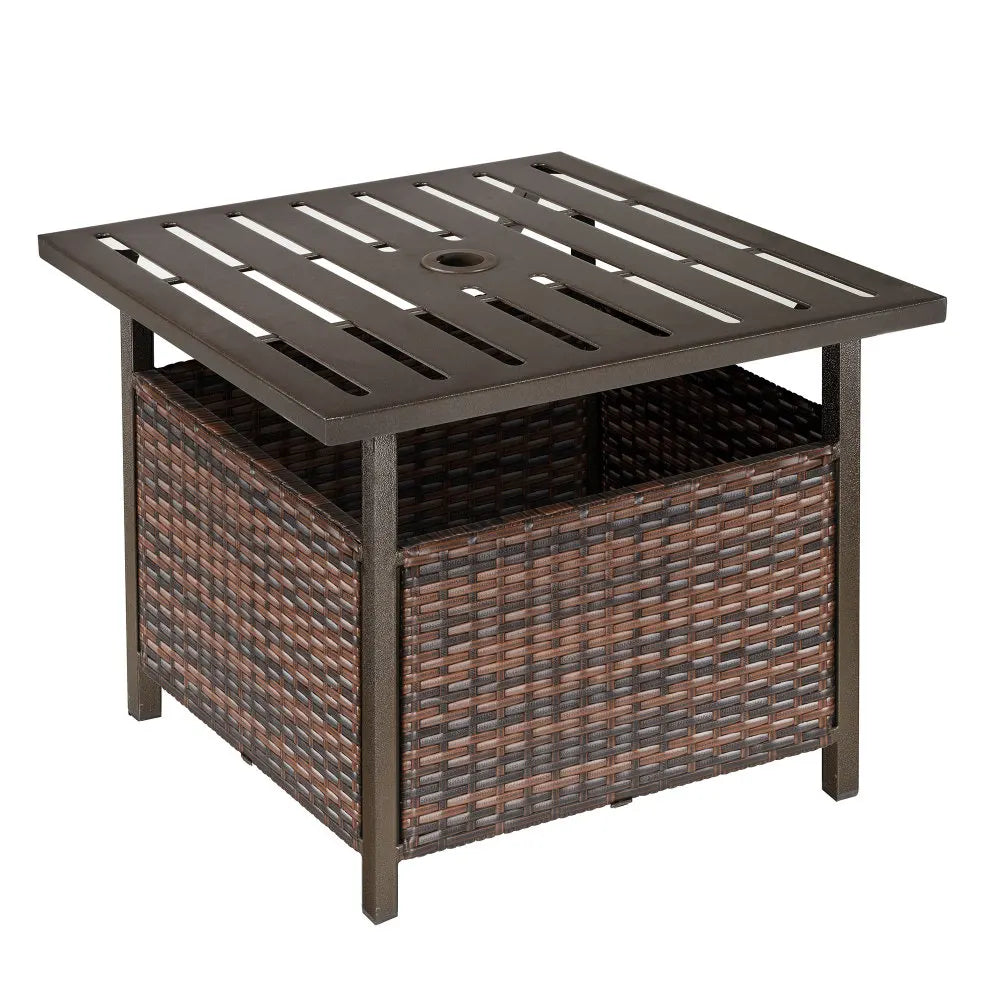 Rattan Garden Coffee Table 55.5cm Square with Umbrella Hole Storage Box Powder Coated for Patio Balcony Brown